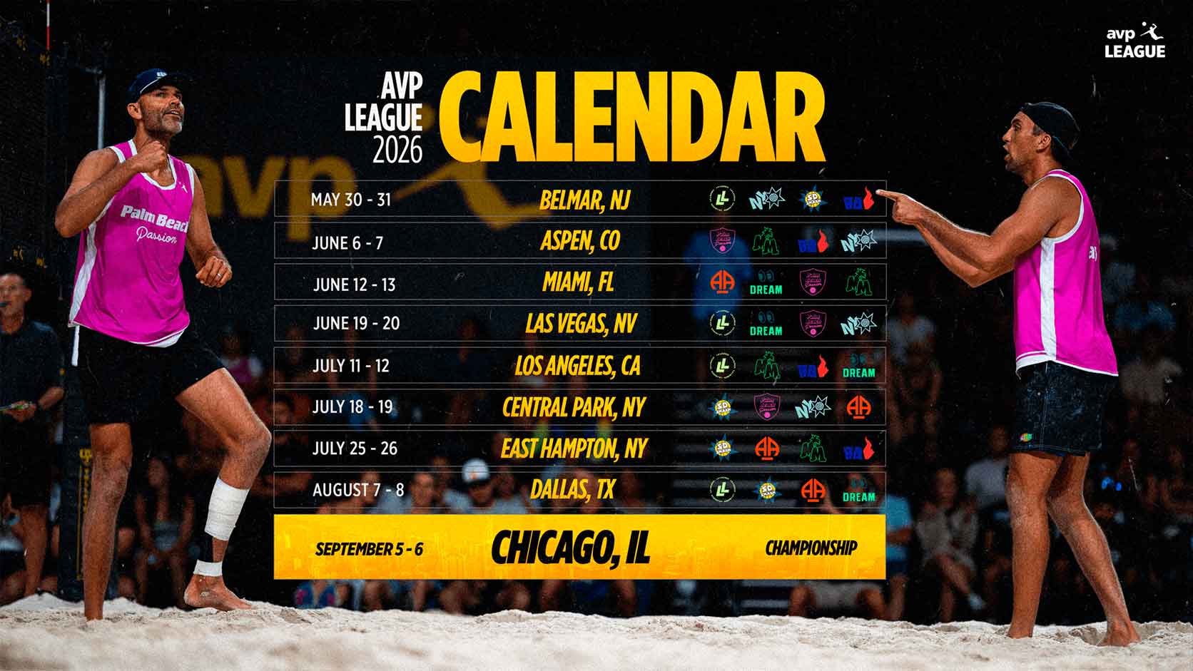 Calendário da AVP League 2026: Equipes, elencos e confrontos por evento